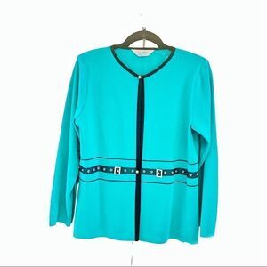 Vintage Misook turquoise blue black knit jacket petite small “Host Pick”